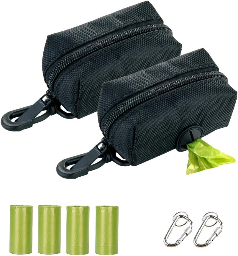 Dog Poop Bag Dispenser,2 Pack Poop Bag Holder Leash Attachment with Free Rolls Dog Poop Waste Bags and D-Ring- Lightweight & Soft, Great for Walking, Running Hiking (Black)